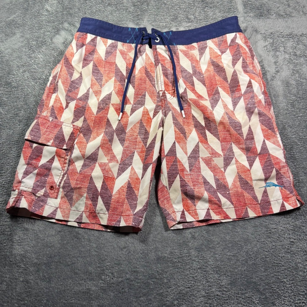 Tommy Bahama Mens Geometric Diamond Print Swim Trunks Red Orange Navy Sz Medium